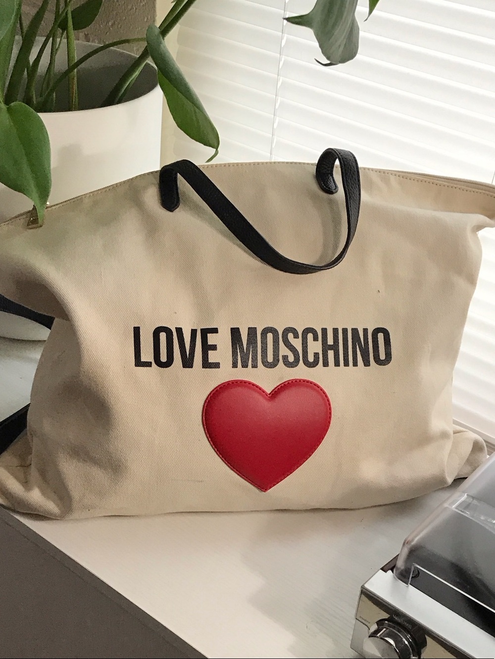 Love Moschino Cream Canvas Tote with Red Heart and Black Straps